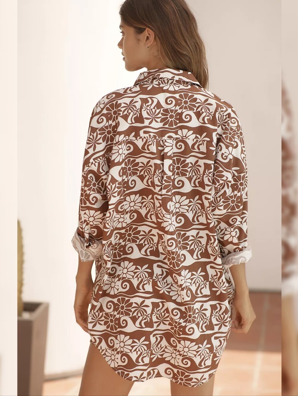 By Anthropologie Poplin Long-Sleeve Buttondown Shirt Brown & White Womens Medium